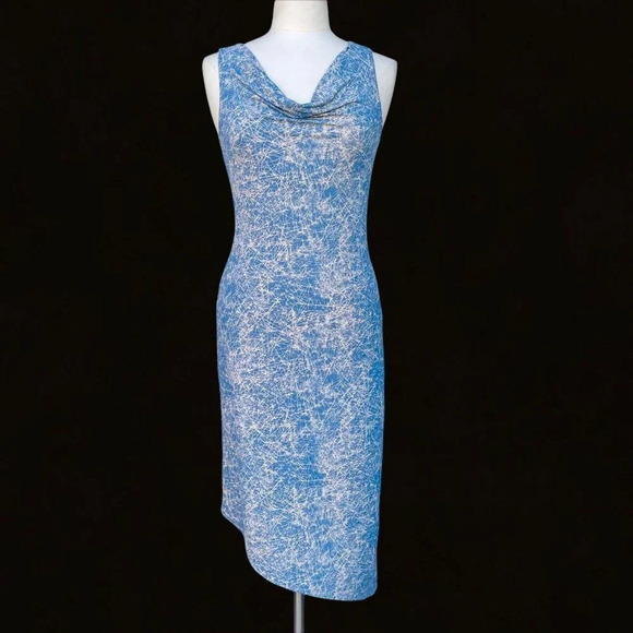 FRENCH CURVE Women’s Size M Blue Vintage Cowl-neck Asymmetrical Hem Sheath Dress - Picture 3 of 4